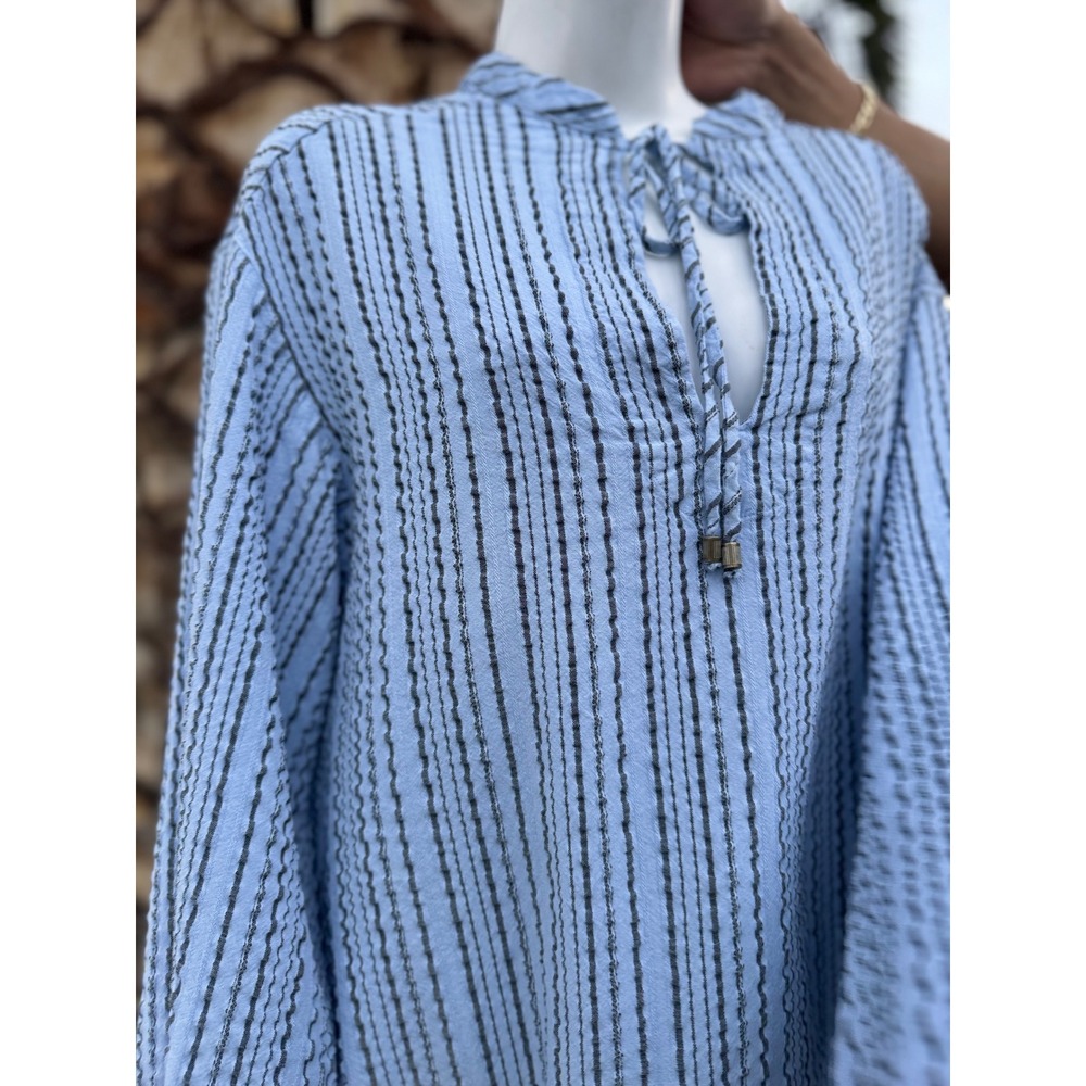 Free People Blue Striped Tunic Top XS Balloon Sleeve Boho VNeck Tie Front Blouse